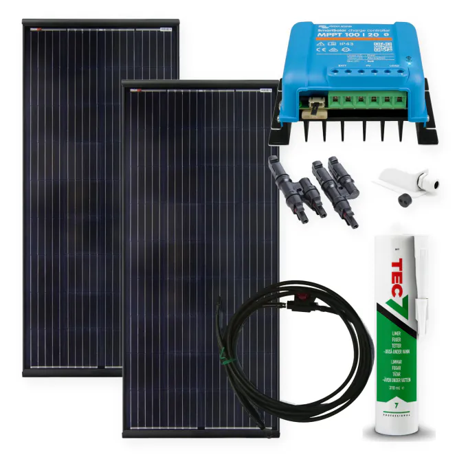Hovedbillede Komplett solcellepakke bobil 300W (2x150W) med Victron MPPT